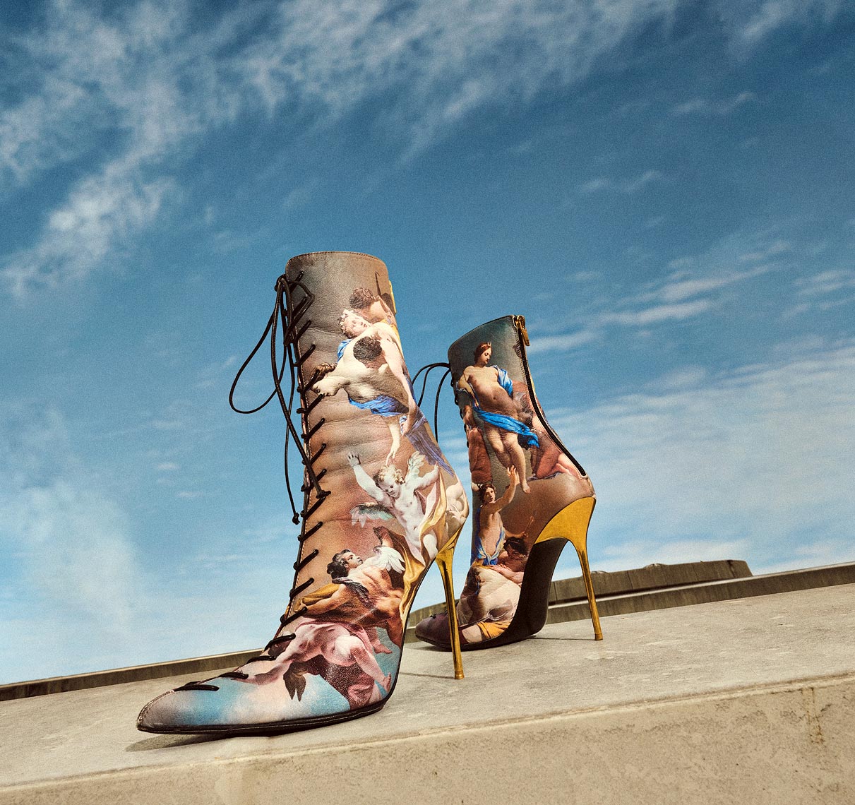 Downtown rooftop photographs of luxury shoes and handbags by pho
